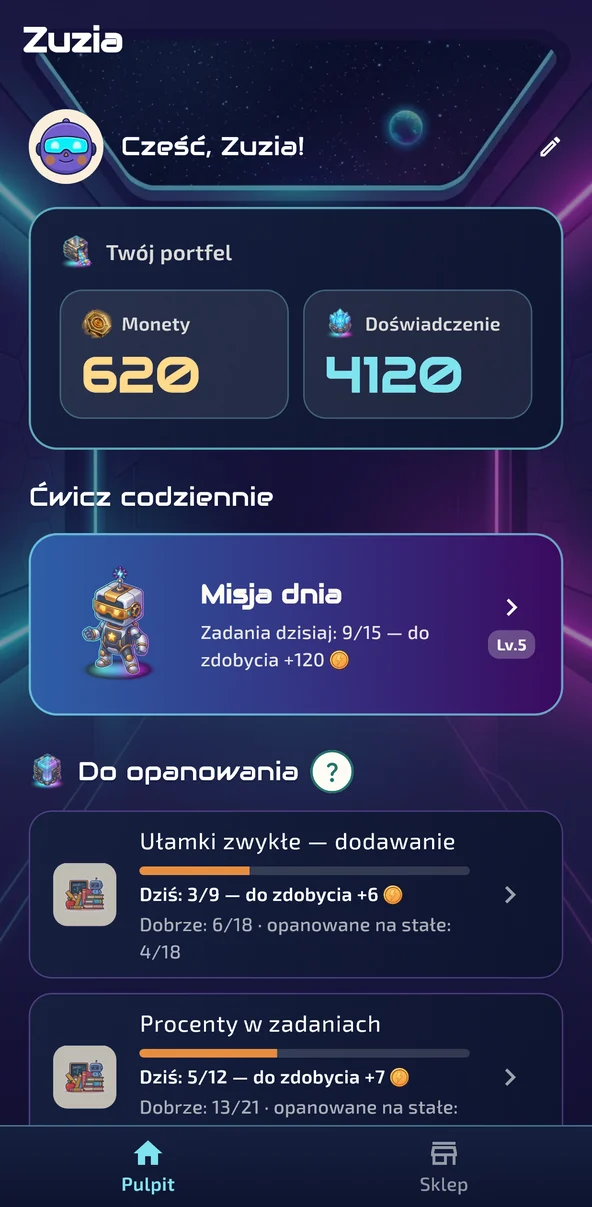 Pulpit dziecka w aplikacji Sprita: portfel z monetami i doświadczeniem, karta Misji dnia z robotem Sprita, zestawy do opanowania