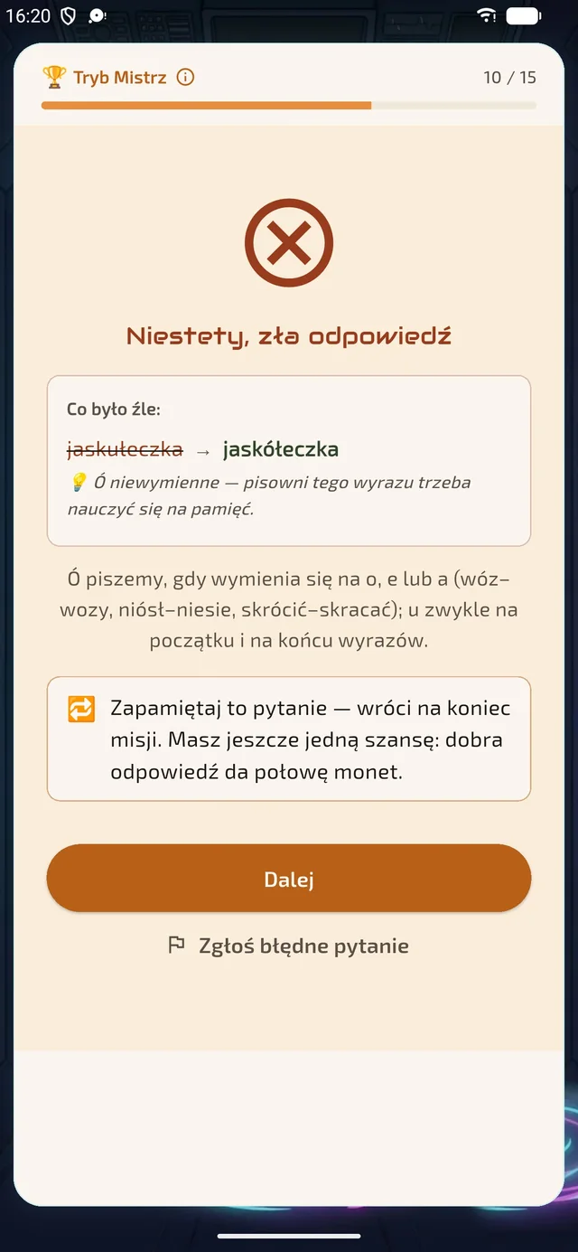 Informacja zwrotna po błędzie z uzasadnieniem