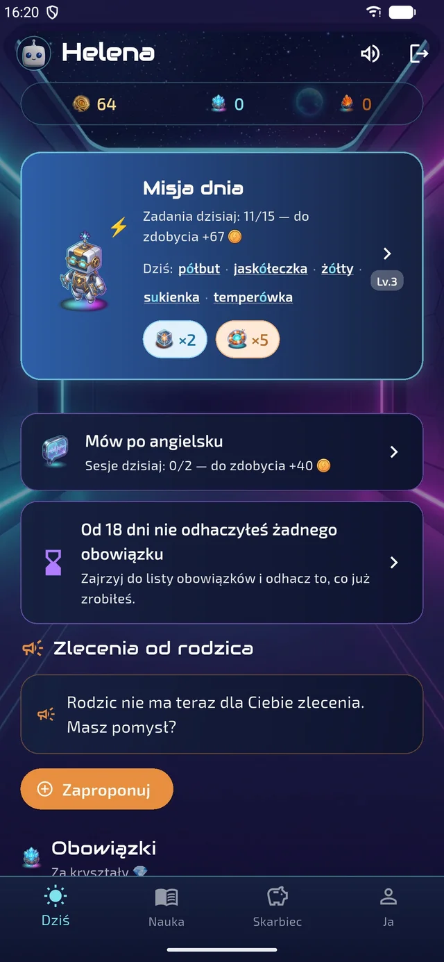 Ekran dziecka z Misją dnia i słowami na dziś